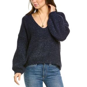 Boden Chunky Fluffy V-Neck Wool & Alpaca Blend Metallic Sweater Navy Sz.2